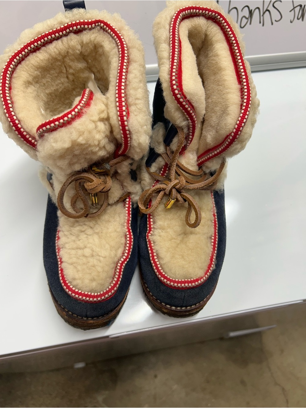 Vintage Tory Burch Shearling-Trim Navy Winter Boots with Red Trim